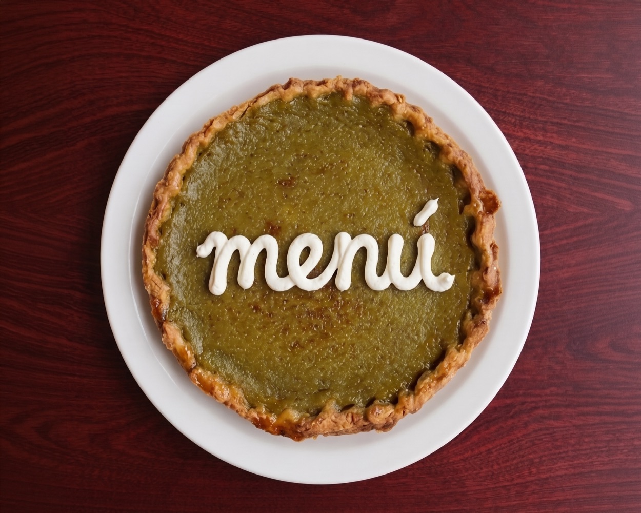 Pie de ayote con la palabra menú escrita en crema, sobre una mesa de madera